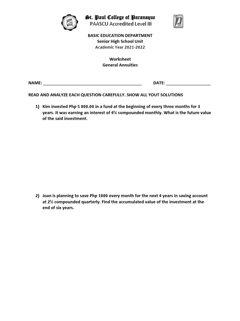 Worksheet General Annuities Pdf