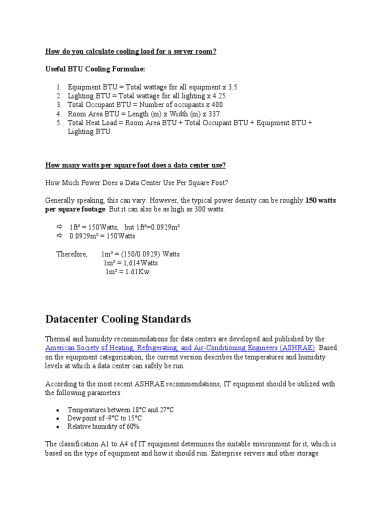 Datacenter Cooling Standards How Do You Calculate Cooling Load For A