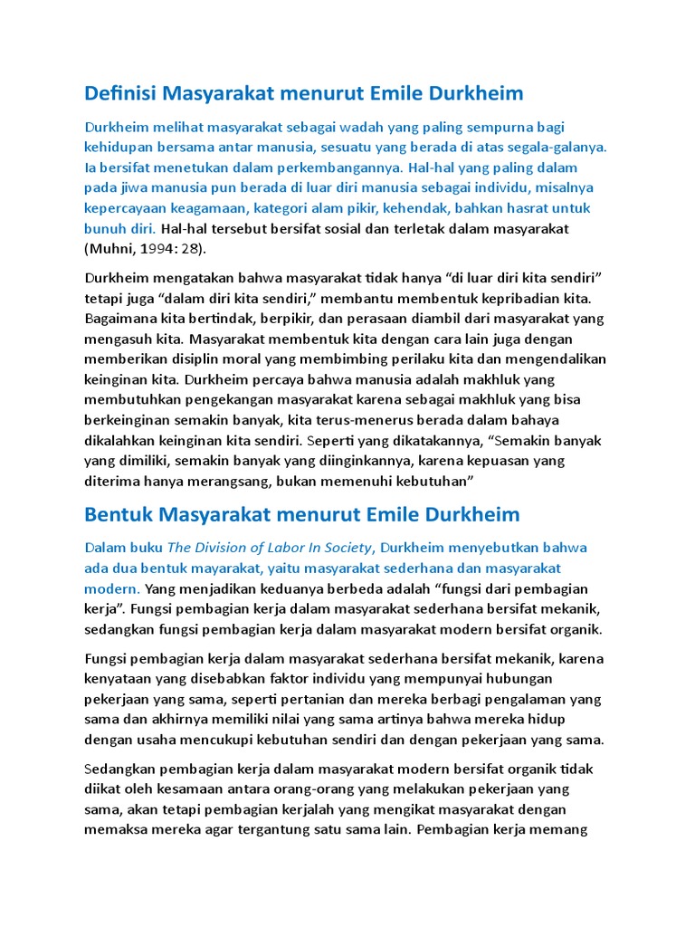 Definisi Masyarakat Menurut Emile Durkheim PDF