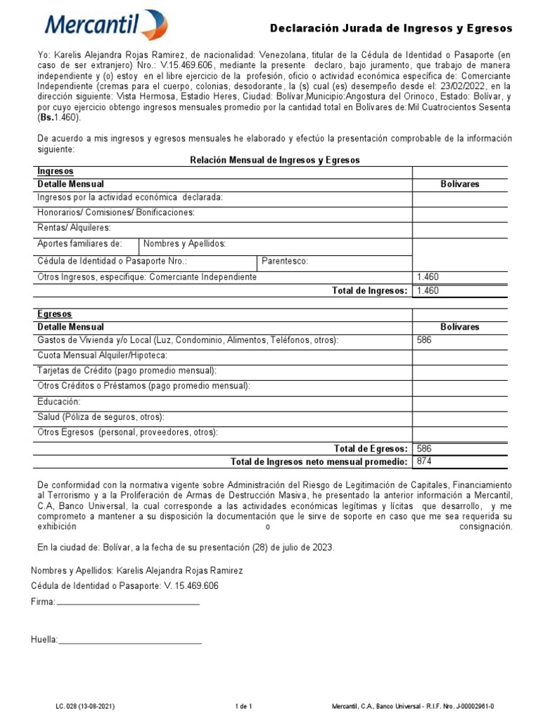 Declaración Jurada de Ingresos Venezuela | PDF