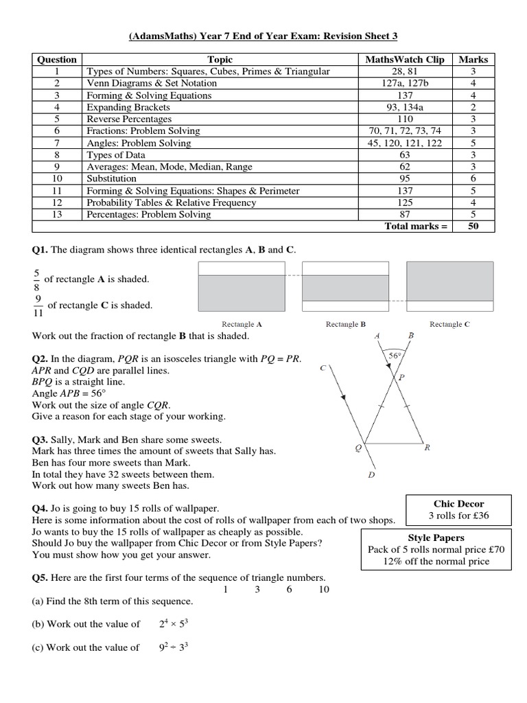 AdamsMaths Revision Sheet 3 | PDF | Rectangle | Triangle