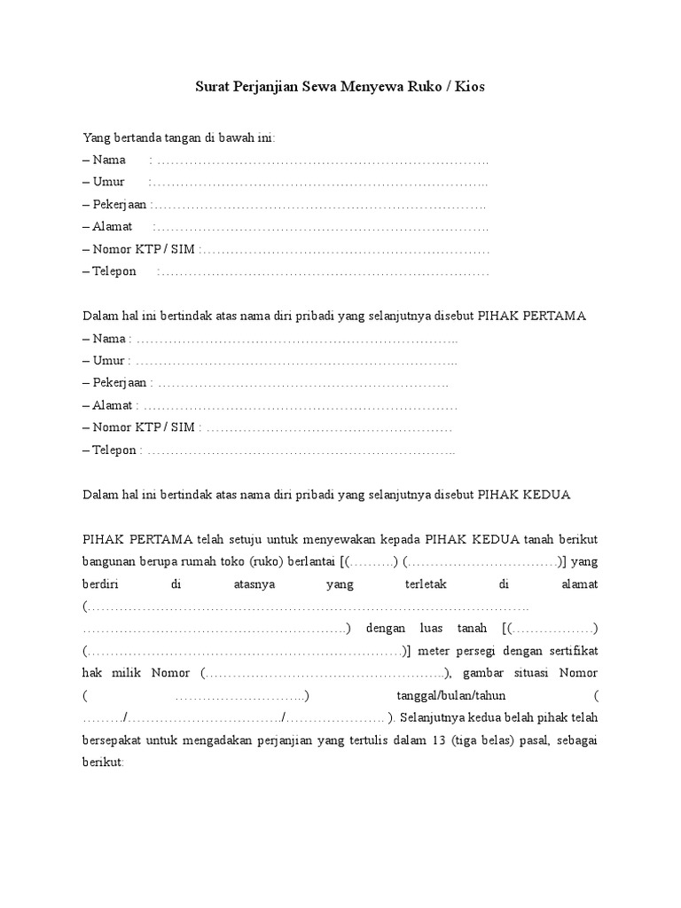 Surat Perjanjian Sewa Menyewa Ruko PDF