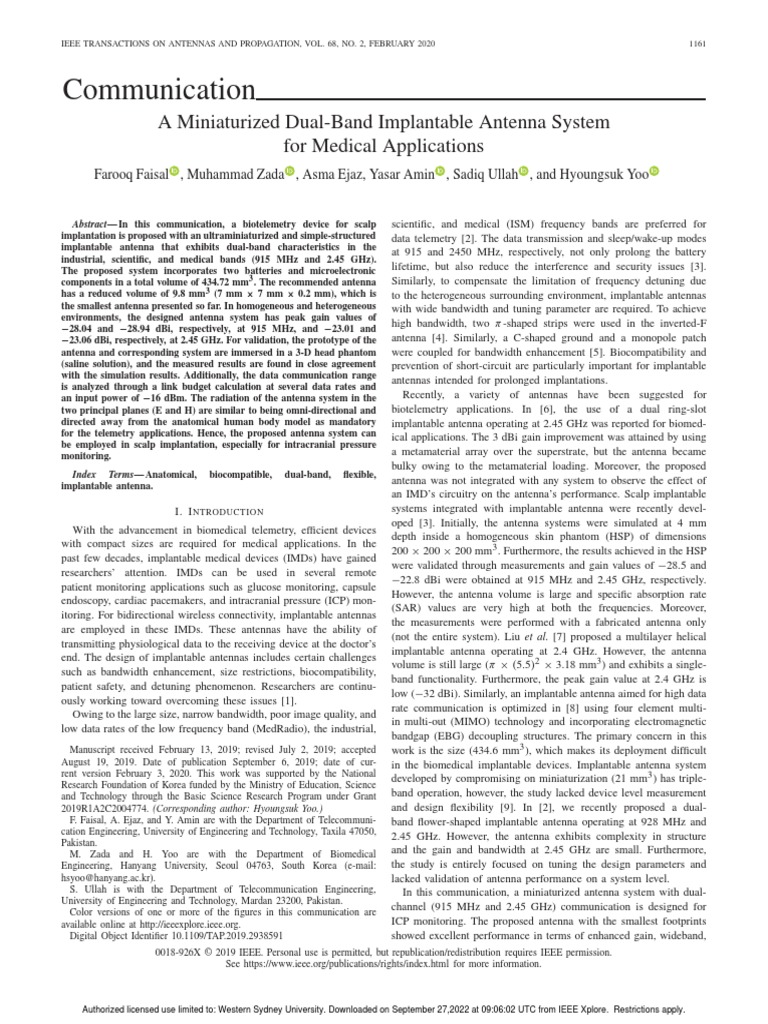 A Miniaturized Dual-Band Implantable Antenna System For Medical ...