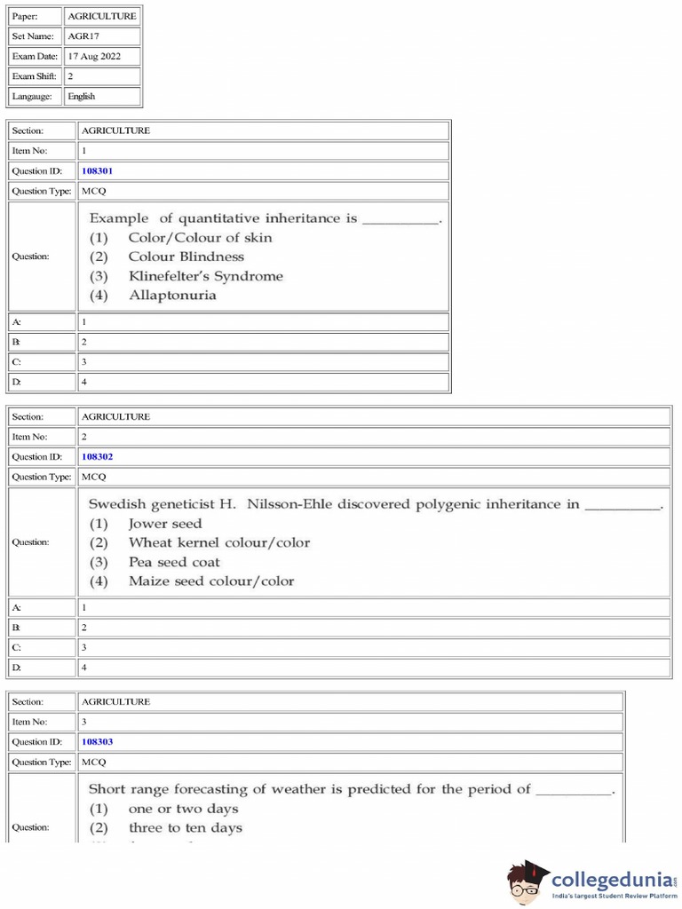 CUET Agriculture Question Paper | PDF