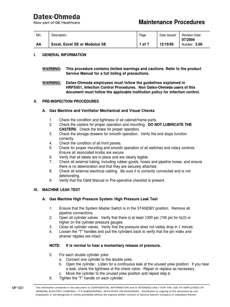 Datex Ohmeda Modulus Se Excel Excel or Se Maintenance Procedures | PDF