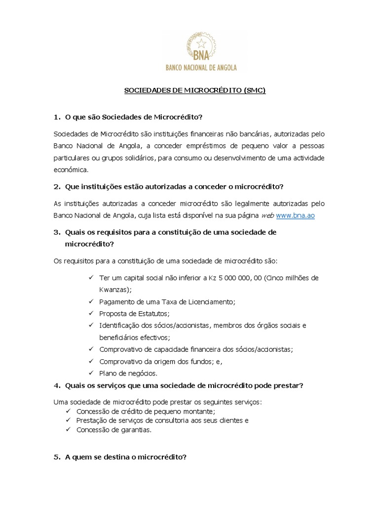 Requisitos para Sociedades de Microcrédito em Angola | PDF ...
