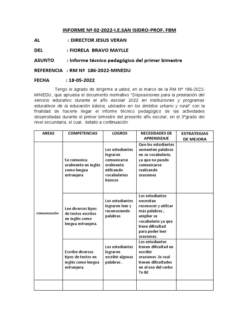 Informe Ingles I Bimestre PDF Idioma en Inglés Lingüística