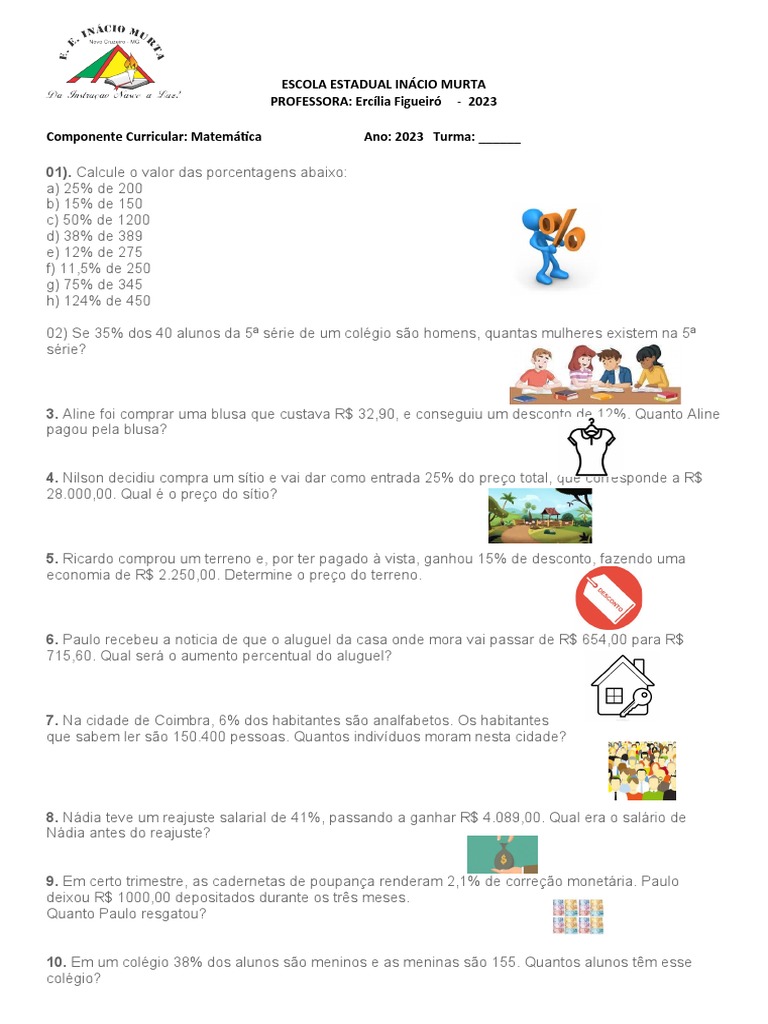 Exercícios de Porcentagem para 5º Ano | PDF