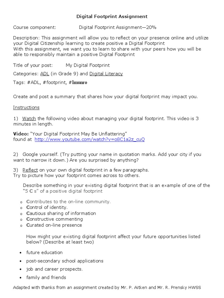 Digital Footprint Assignment PDF Rubric (Academic) Communication
