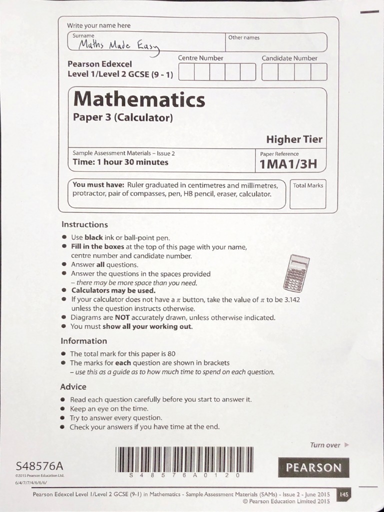 MME GCSE Maths Edexcel Higher Paper 3 | PDF