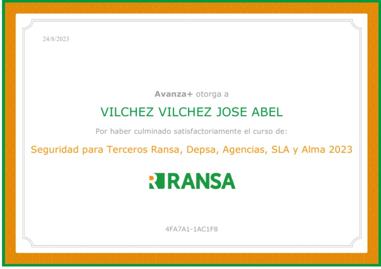 Certificado - Induccion Ransa - JOSE ABEL VILCHEZ VILCHEZ | PDF