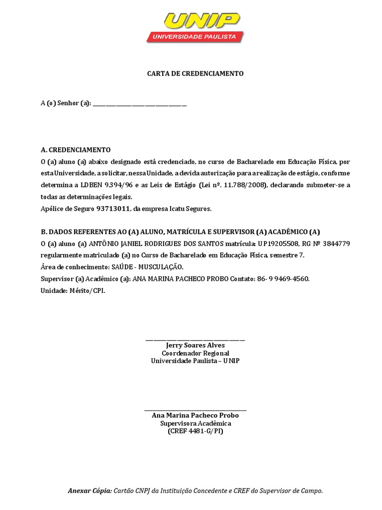 1 Carta de Credenciamento - Unip 2022 | PDF