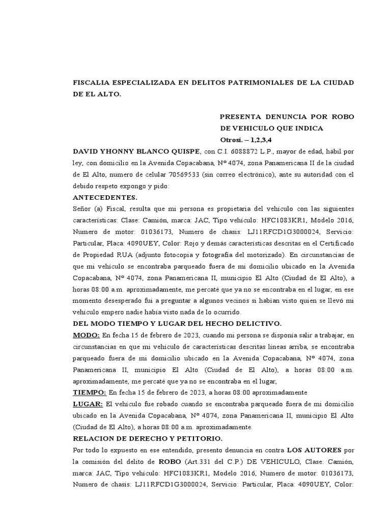 Denuncia por robo de vehículo en El Alto | PDF | Justicia | Crimen y ...