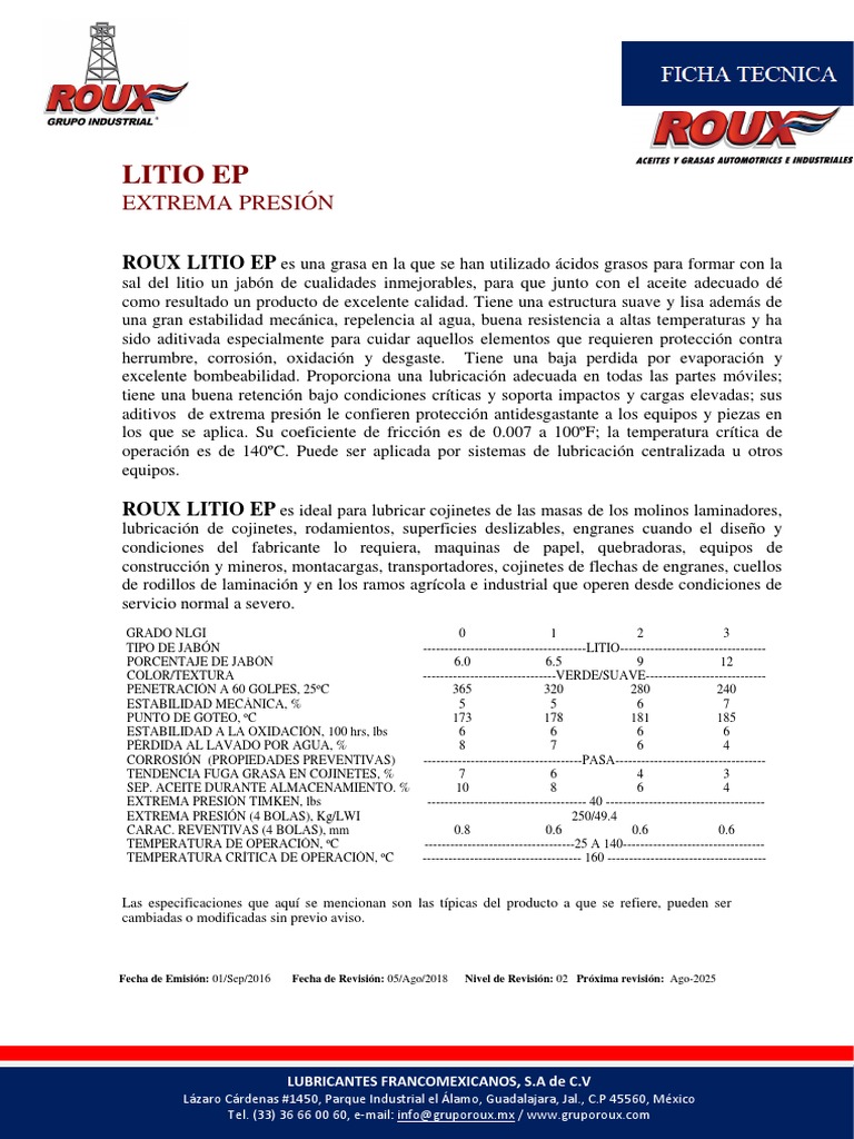 Roux - Grasa Litio Ep | PDF | Rodamiento (Mecánico) | Ingeniería mecánica