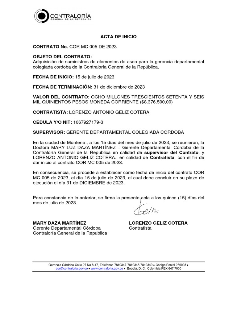 Acta de Inicio Contrato Firmado | PDF