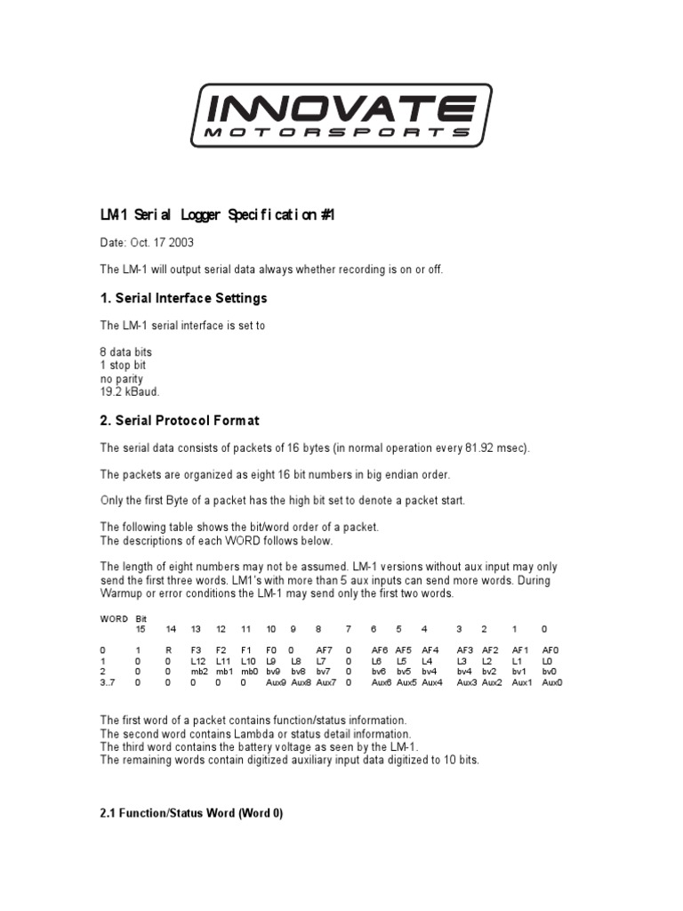 LM-1 Serial Logger Specs | PDF | Bit | Computer Data