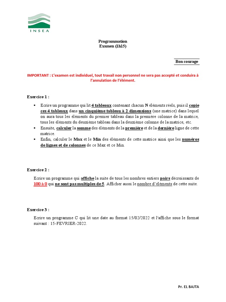 Examen de Programmation: Exercices C | PDF