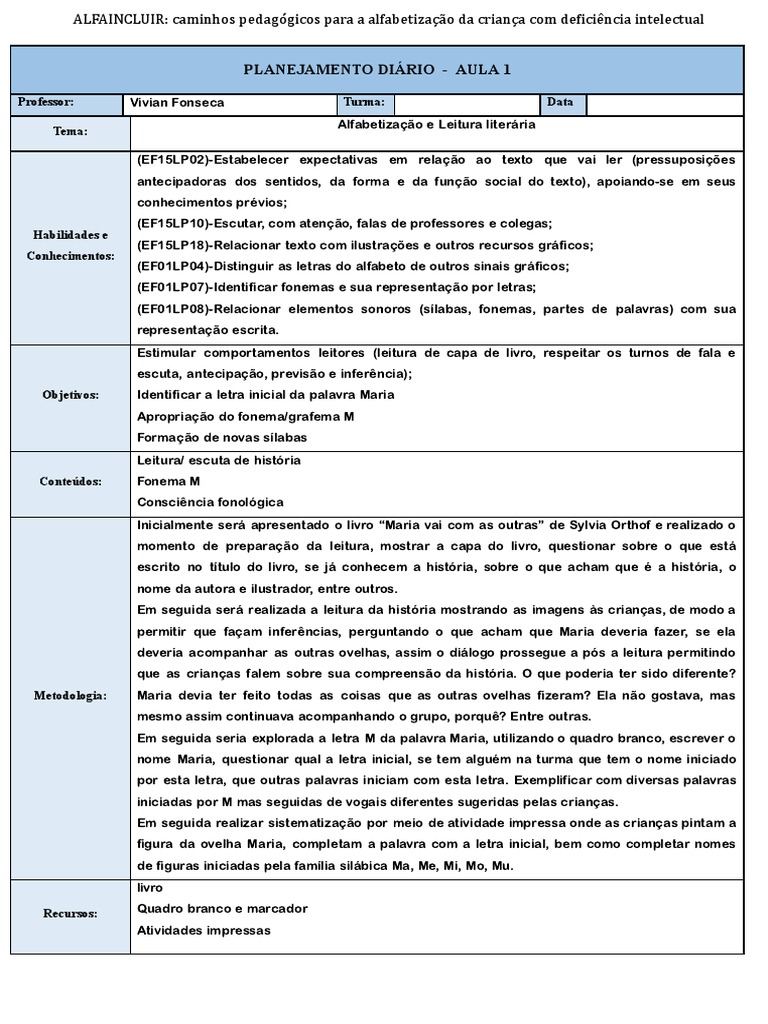 Plano de aula numa perspectiva de alfabetização inclusiva - Alfaincluir ...