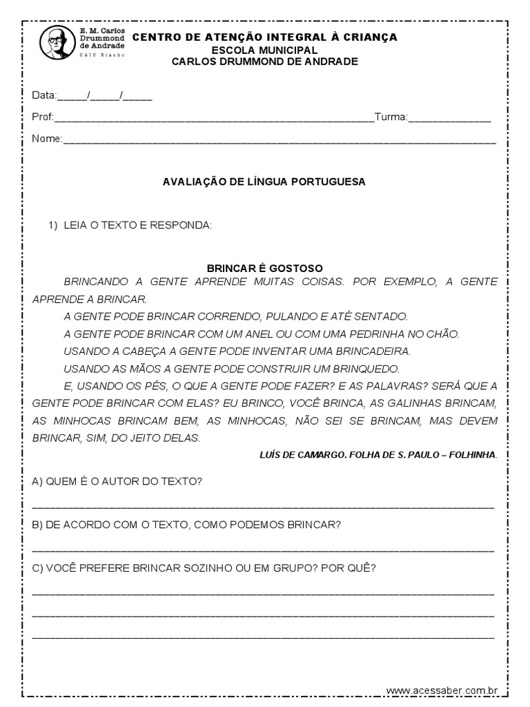 Avaliação de Língua Portuguesa 2º Ano | PDF