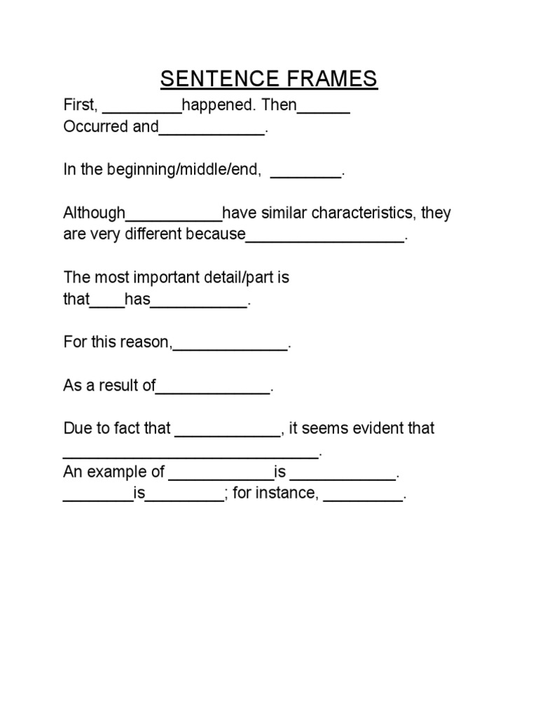 Sample Sentence Frames English 105 MR Jones PDF
