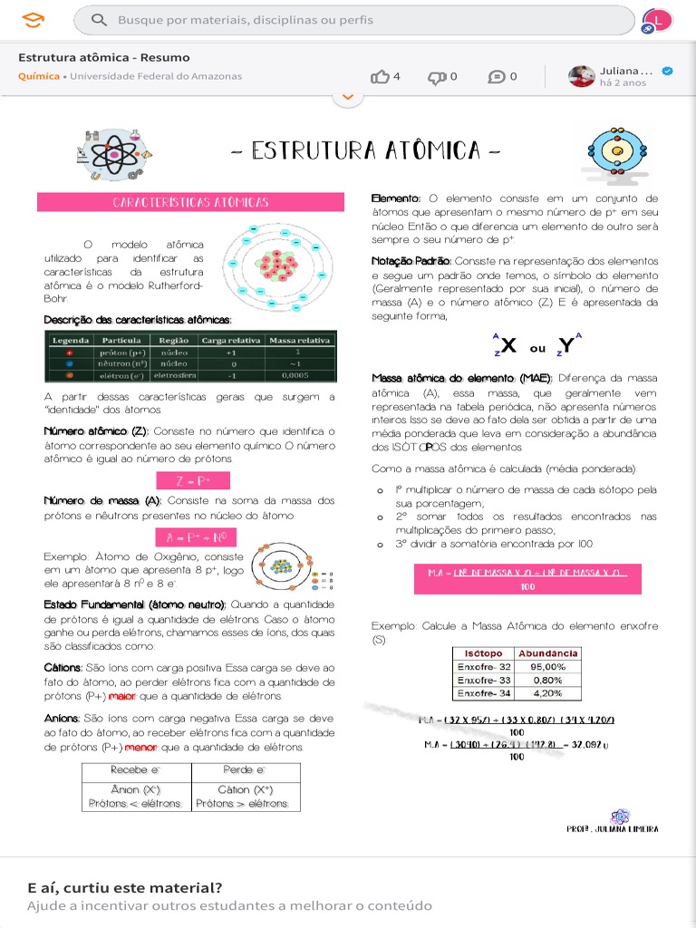 Estrutura Atômica - Resumo Passei Direto | PDF | Próton | Elétron
