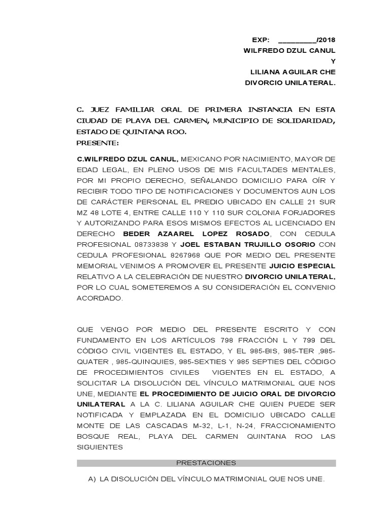 Divorcio Unilateral Wilfredo Pdf Divorcio Matrimonio