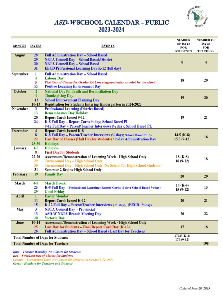 Asd W School Calendar 2023 2024 Public June 2023 PDF Academic Term