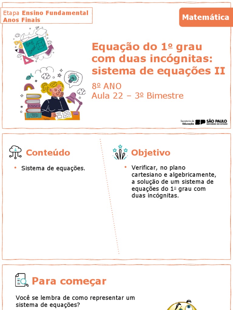 Aula 22 - Equação do 1º grau sistemas de equações II (8 ano B) | PDF ...