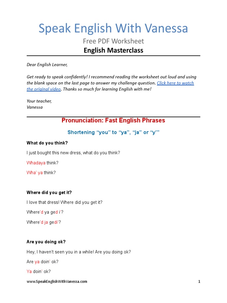 English Masterclass Speak English With Vanessa PDF Foot English 