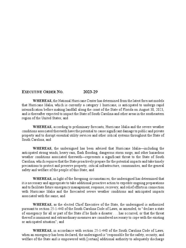 South Carolina Emergency Order for Hurricane Idalia | PDF | State Of ...