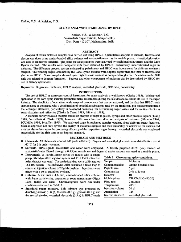 1996 Keskar Sugar Analysis of Molasses by HPLC | PDF | Sucrose | High ...
