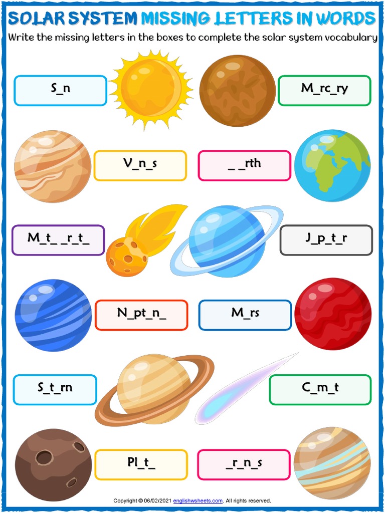 Solar System Vocabulary Esl Missing Letters in Words Worksheet For Kids