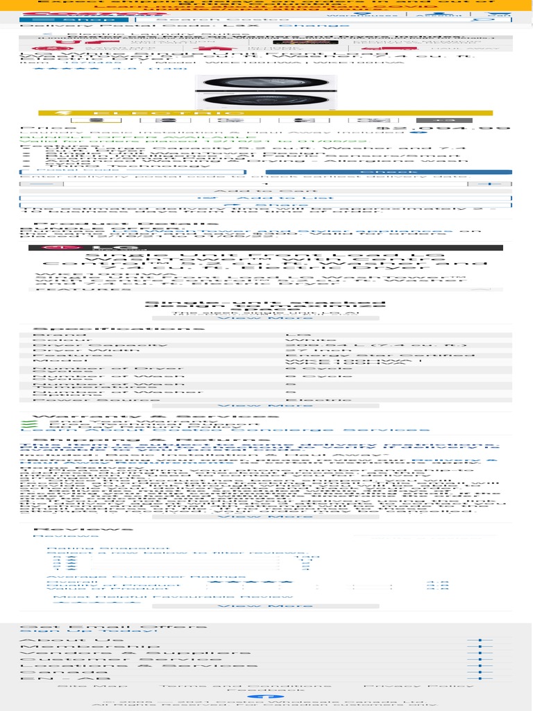LG White Single Unit Front Load WashTower 5.2 Cu. Ft. Washer, 7.4 Cu