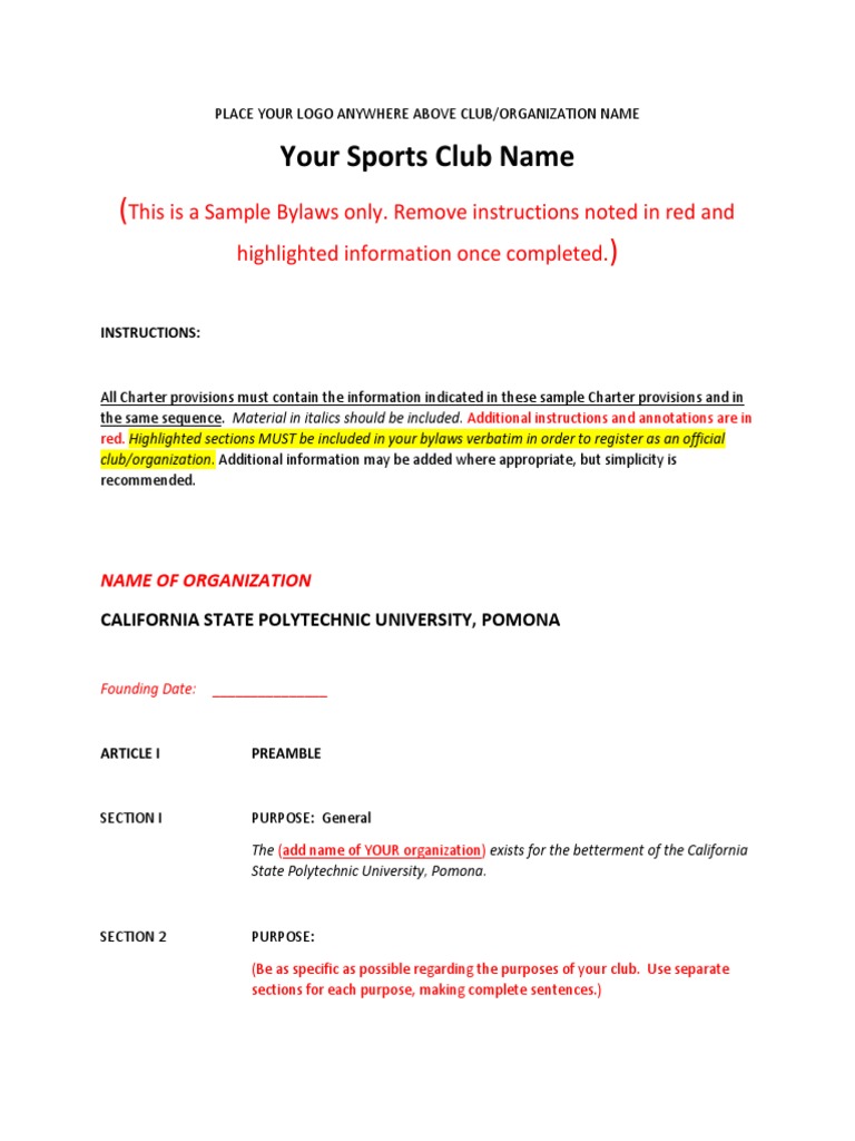 Sports Club Bylaws Template | PDF | By Law | Committee