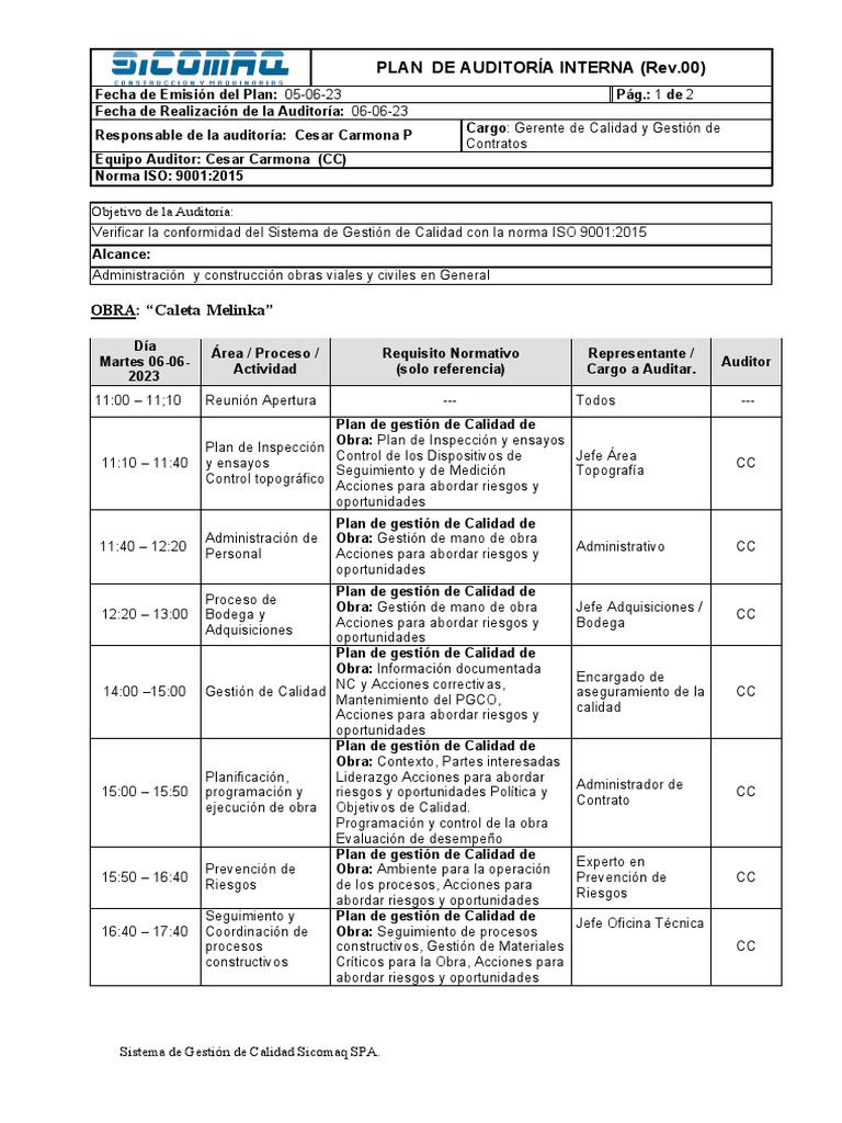 Plan de Auditoría Interna ISO 9001:2015 | PDF | Auditoría | Sistema de ...