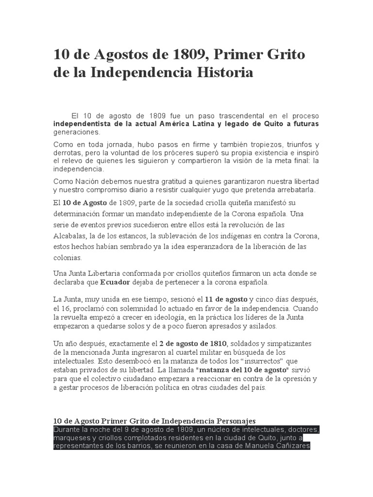 El 10 de Agosto de 1809 Fue Un Paso Trascendental en El Proceso ...