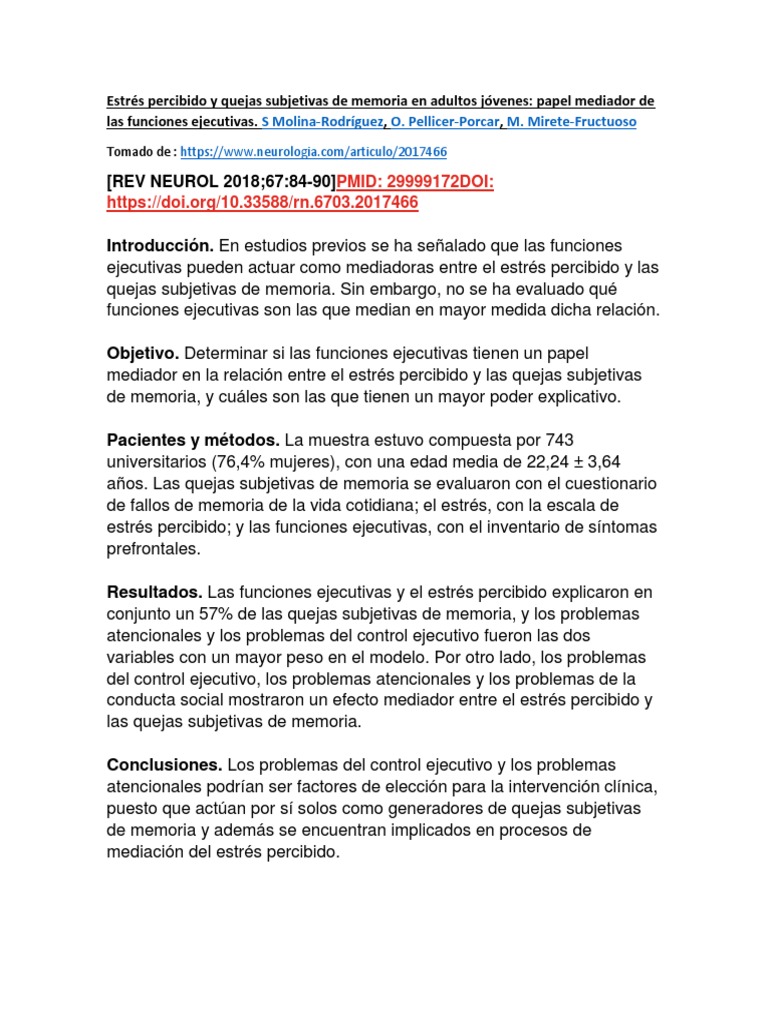 Estrés Percibido Y Quejas Subjetivas De Memoria En Adultos Jóvenes Pdf