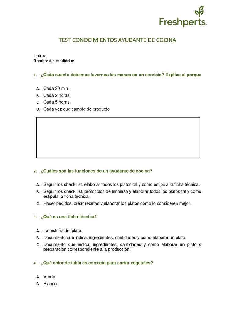 Test de Conocimientos para Ayudante de Cocina | PDF