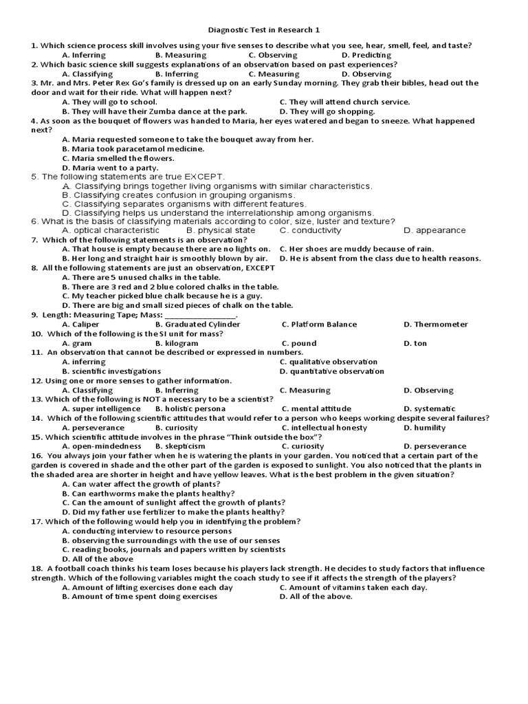Diagnostic Test: Science Process Skills | PDF | Experiment | Scientific ...