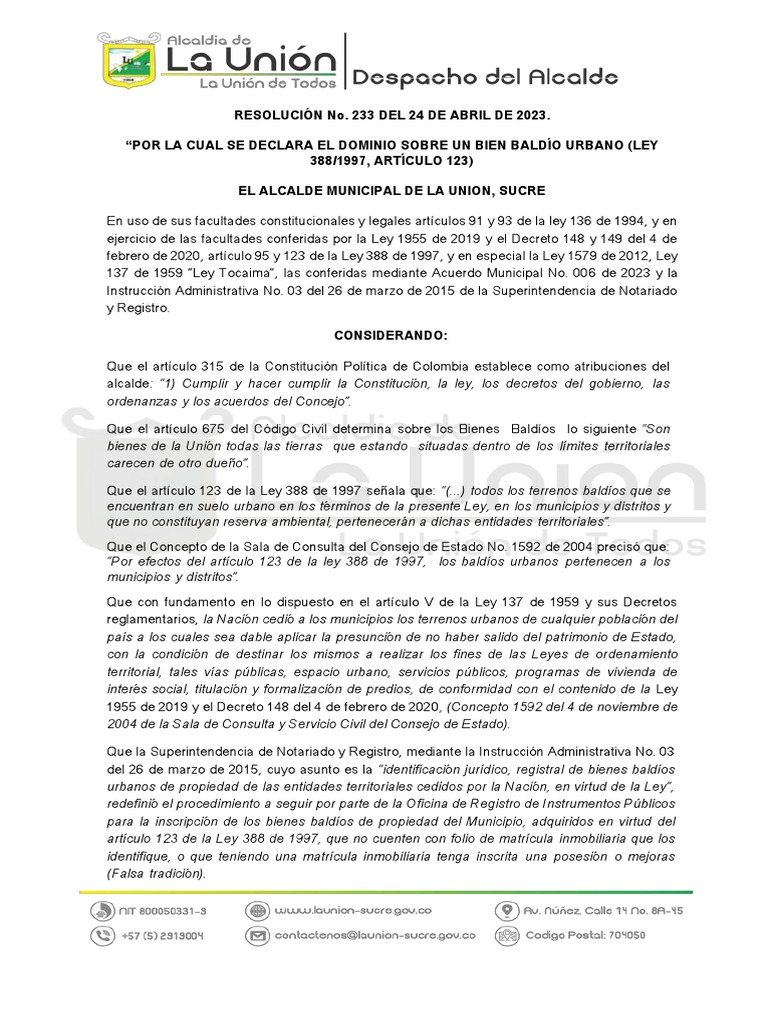 Resolucion No 233 Del 24 de Abril de 2023 | PDF | Alcalde | Propiedad