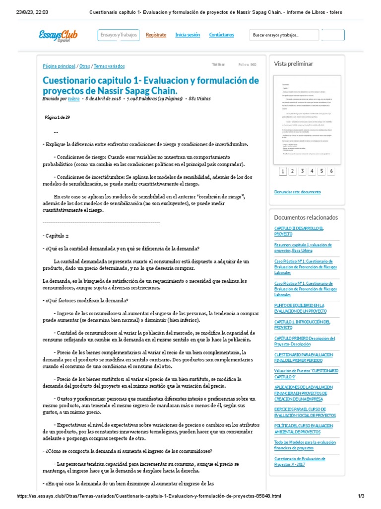 Cuestionario Capitulo 1 Evaluacion y Formulación de Proyectos de Nassir Sapag Chain. Informe