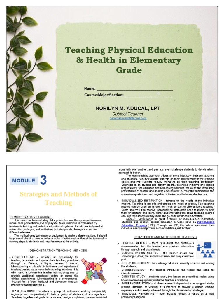 Module 3 Teaching P E Health In Elementary Grades Pdf Teachers