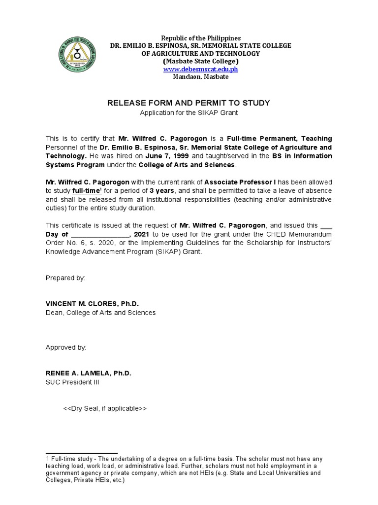 Wcp Sikap Release Form for Full Time Scholar for Employed Teaching ...