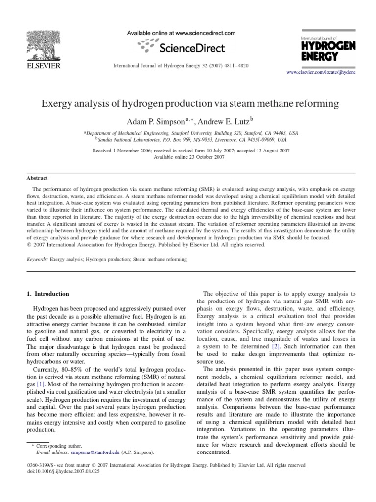 Exergy Analysis of Hydrogen Production | PDF | Exergy | Methane