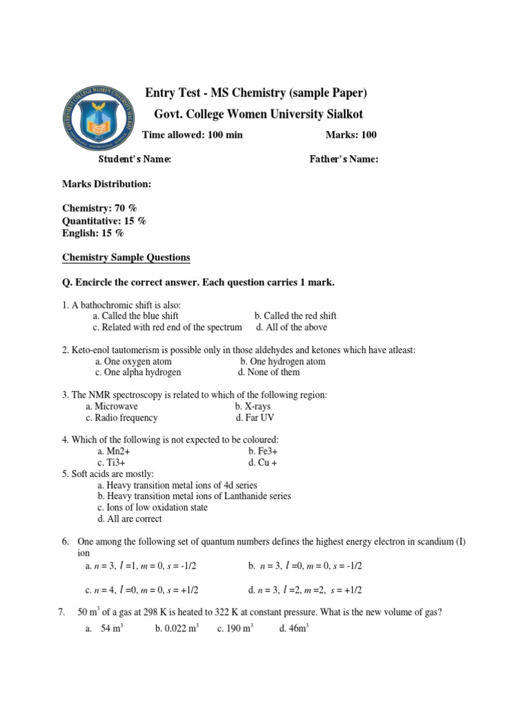 Sample-Paper-MS-Chemistry-EntryTest | PDF | Chemistry | Transition Metals