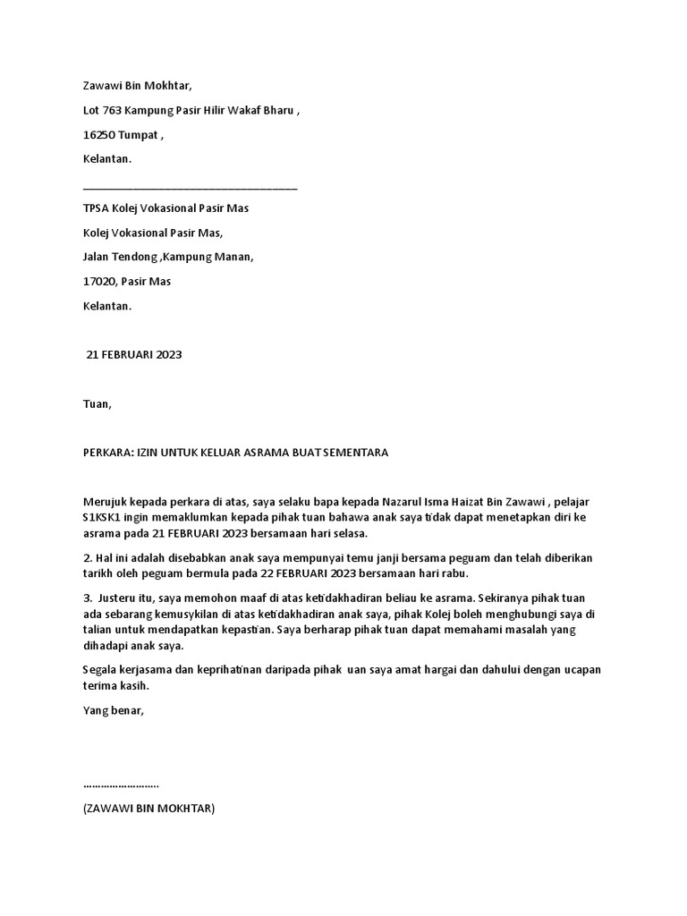 Surat Izin Keluar Asrama Sementara | PDF
