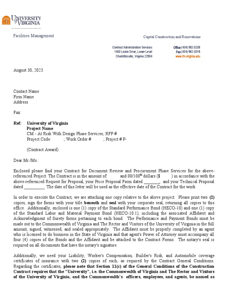 Contract Award Letter Template PDF