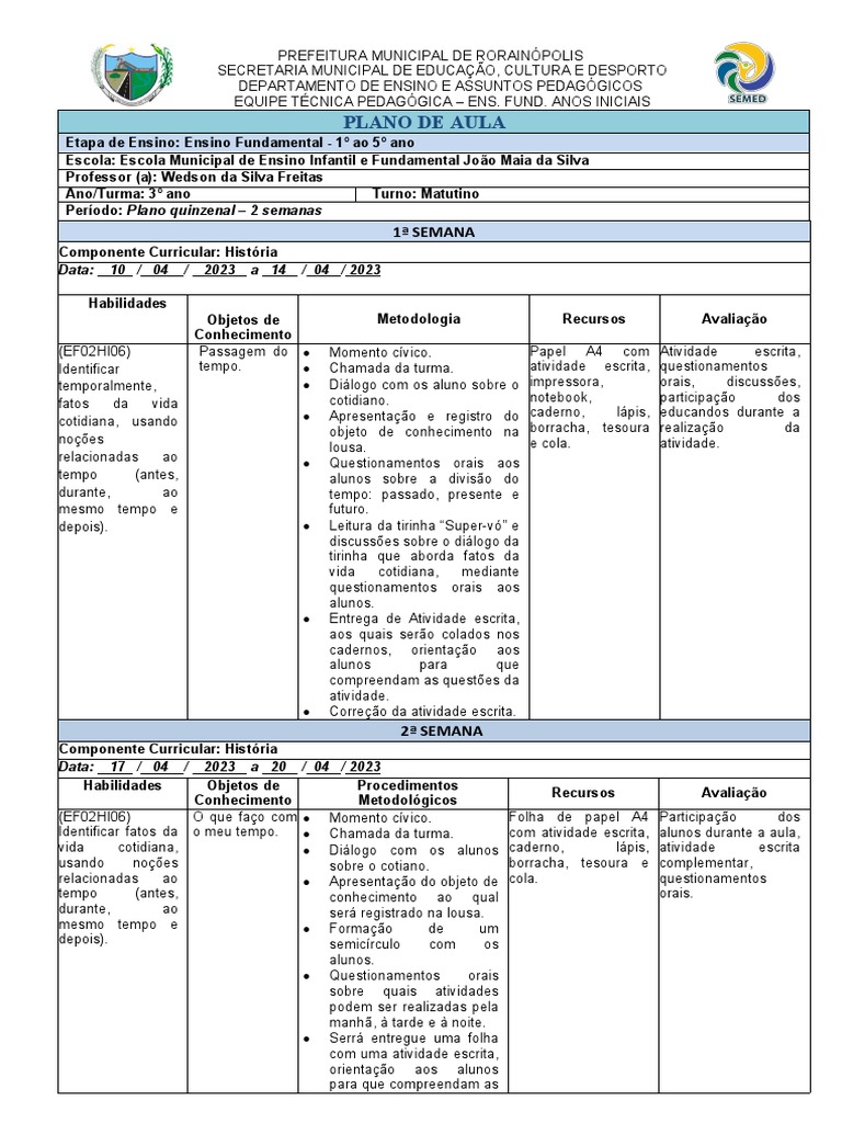 Plano de Aula de História - 3º Ano | PDF | Estudos de Línguas Estrangeiras