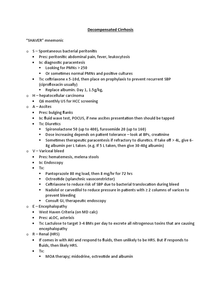 SHAVER Mnemonic for Decompensated Cirrhosis | PDF