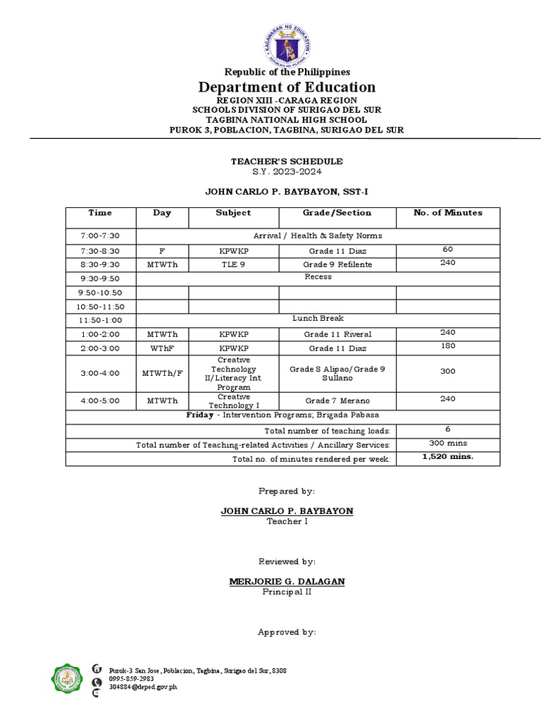 Class Program Teacher Sched 2023 2024 PDF Cognition Educational